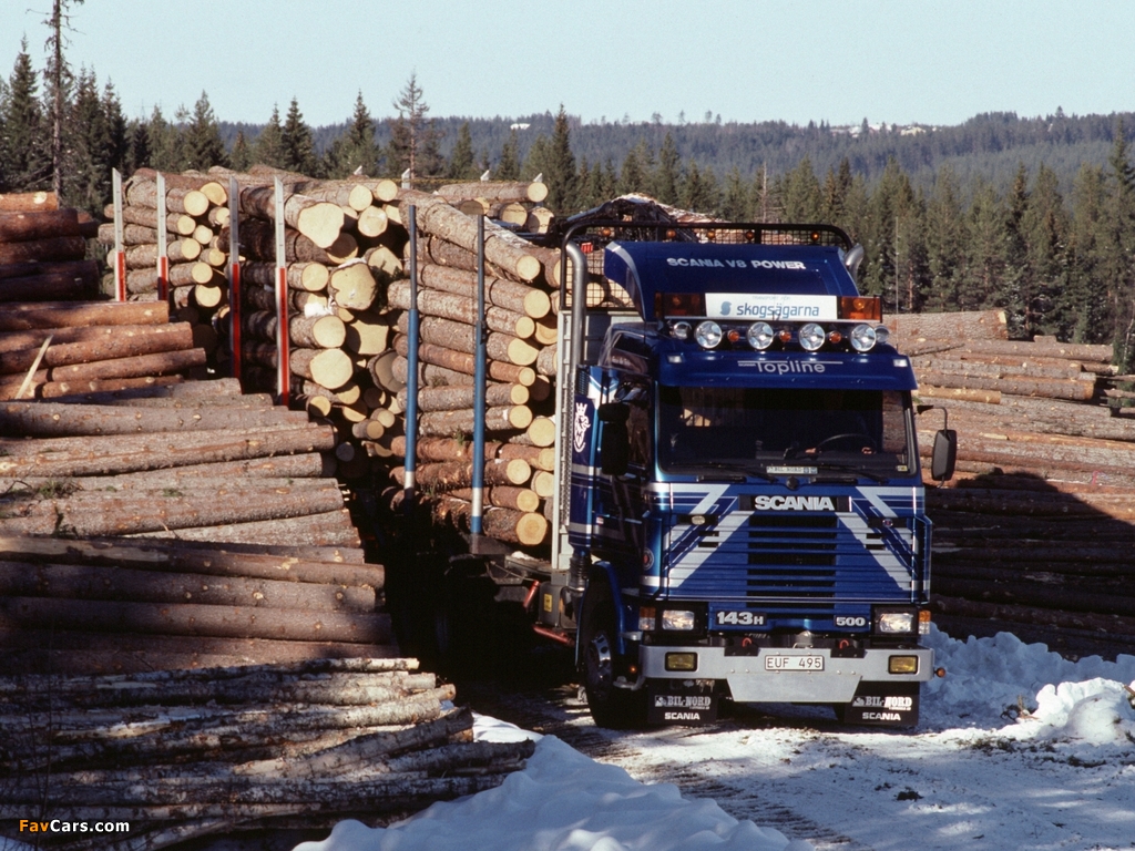 Scania 143H 500 6x2 Timber Truck 1988–95 wallpapers (1024 x 768)